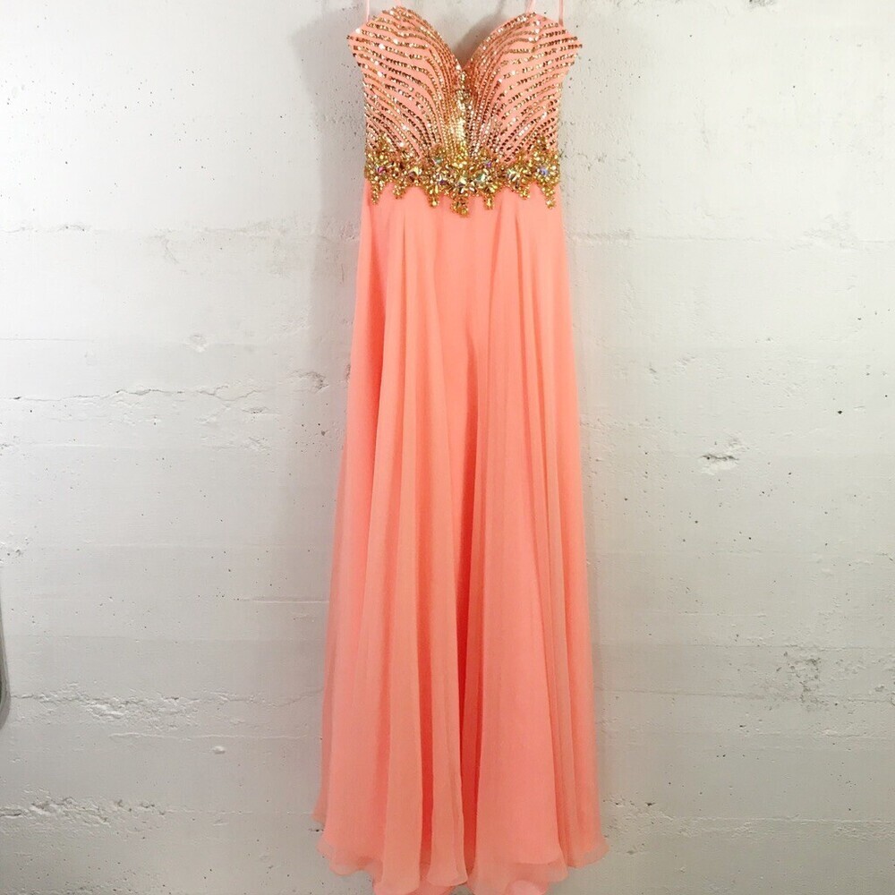Mori Lee Madeline Gardner Coral & Gold Beaded Sweetheart Neckline Chiffon Prom 4